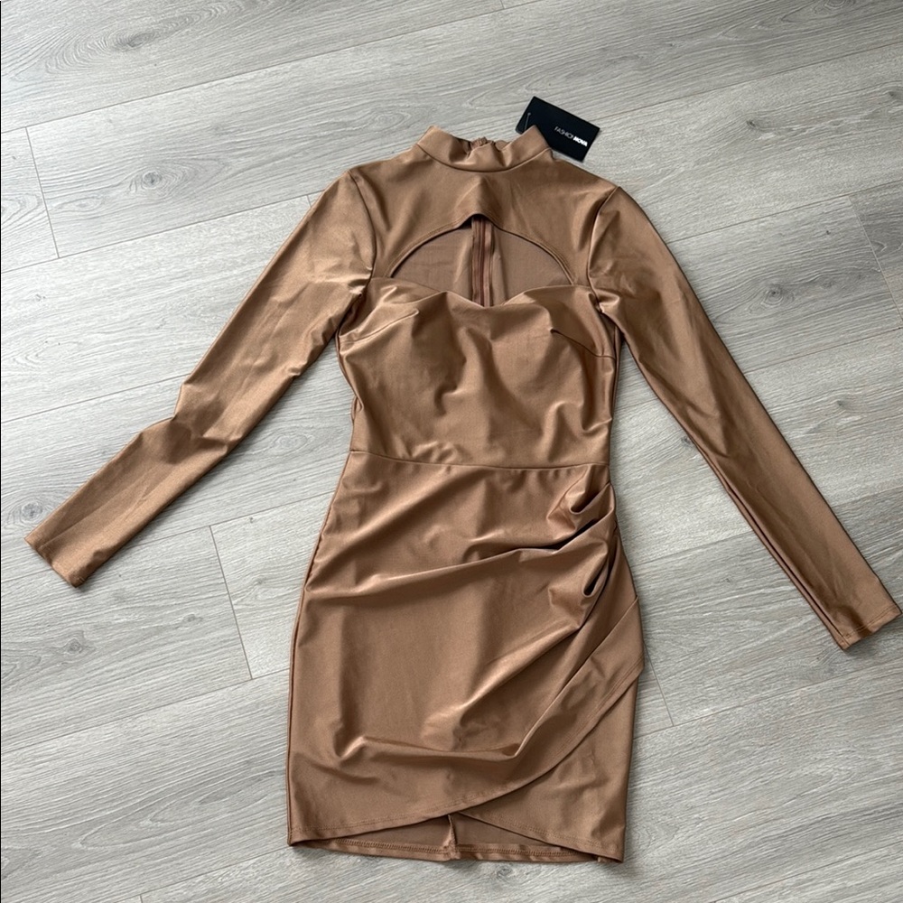 Fashion Nova Cream Ruched Mock Neck Bodycon Dress